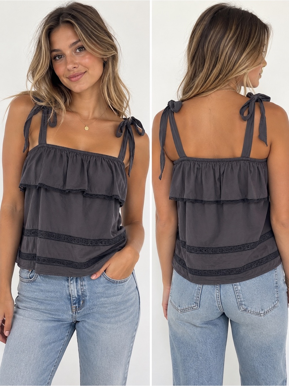 American Eagle Outfitters Charcoal Ruffle Tie-Shoulder Camisole